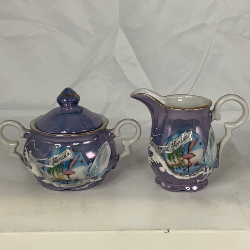 VTG JAPANESE KENMAR FLORIDA SOUVENIR SUGAR CREAMER SET PURPLE DRAGON LUSTERWARE